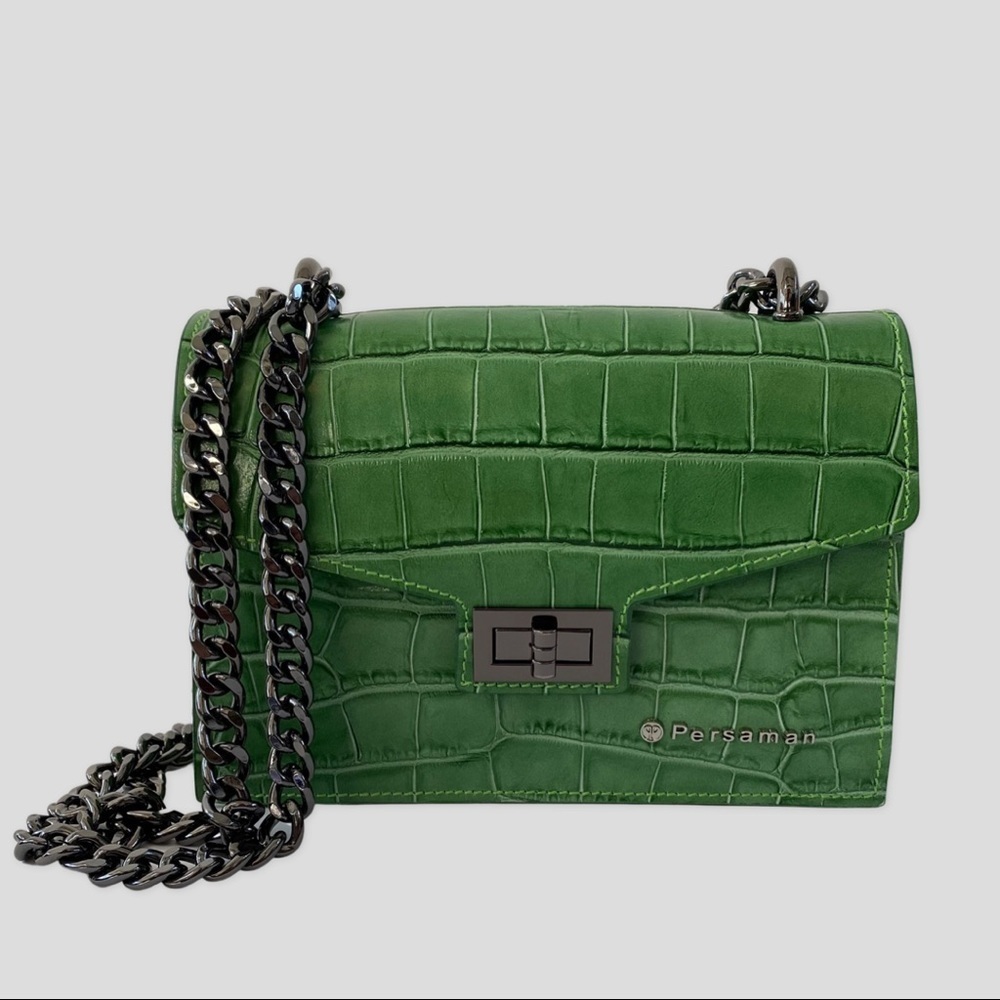 Persaman New York Green Embossed Leather Chain Strap Shoulder Bag NWOT ($300)